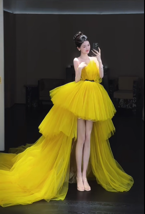 Cute A Line Strapless Layered Yellow Tulle Party Dress Birthday Dress SH2924