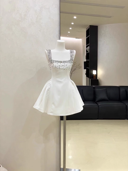 Sexy White Satin Beaded Square Neck A Line Birthday Outfits Vacation Dress S246