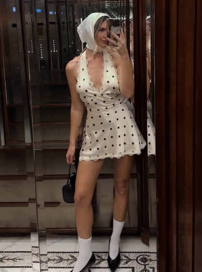 Cute A Line Halter Polka Dot Lace Satin Short Homecoming Dress Cocktail Dress SH3193