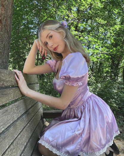 Cute Purple A Line Puff Lace Satin Short Homecoming Dress Cocktail Dress SH3683