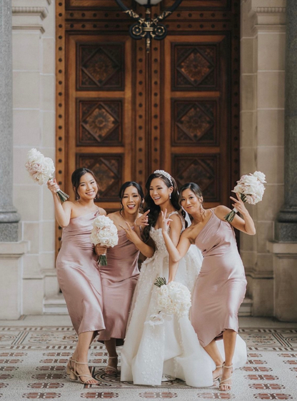 Simple Sheath One Shoulder Pleated Pink Satin Bridesmaid Dress Evening Dress SH3059