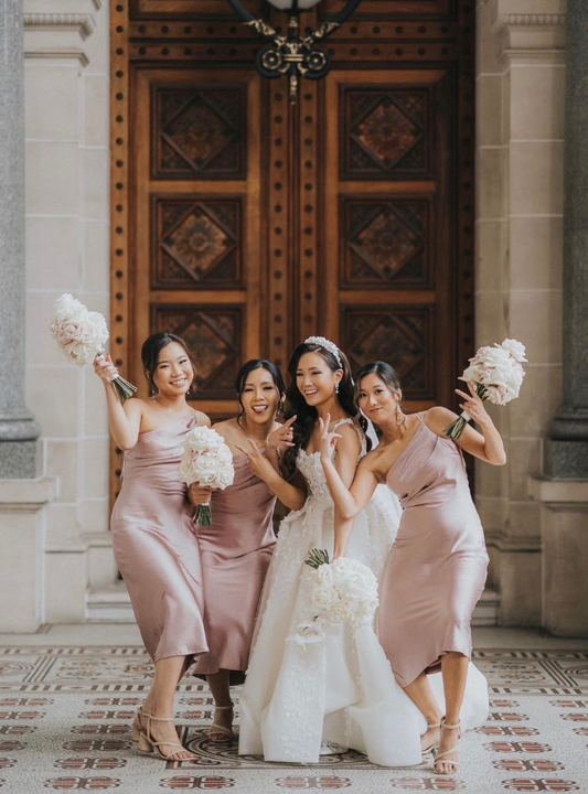 Simple Sheath One Shoulder Pleated Pink Satin Bridesmaid Dress Evening Dress SH3059