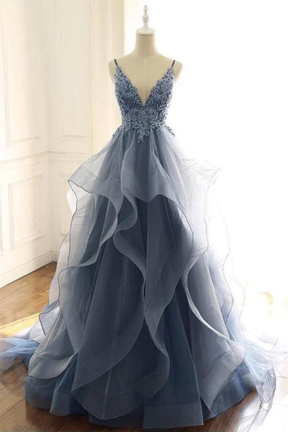 V Neck Ruffles Gray Blue Long Prom Dress Organza Evening Dress PSK016