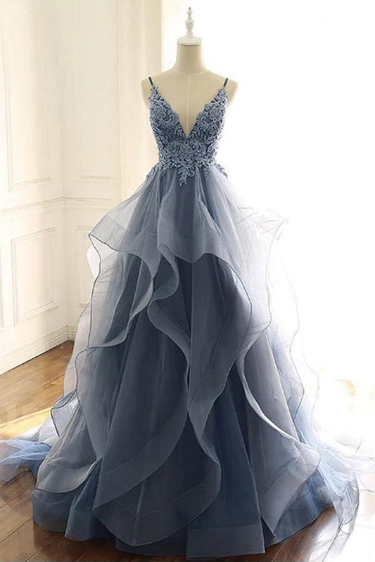 V Neck Ruffles Gray Blue Long Prom Dress Organza Evening Dress PSK016