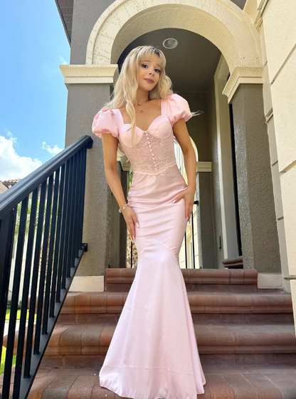 Princess Pink Mermaid Puff Lace Satin Prom Dress Cocktail Dress SH3744