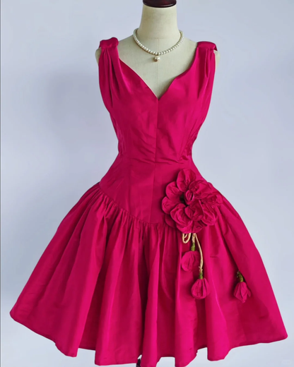 Vintage Hot Pink Satin A Line Graduation Homecoming Dress V Neck Short Party Dress With Flowers S581