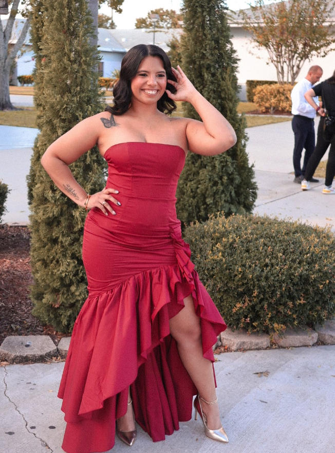 Charming Mermaid Strapless Ruffle Burgundy Satin Prom Dress Evening Dress with Slit SH2130