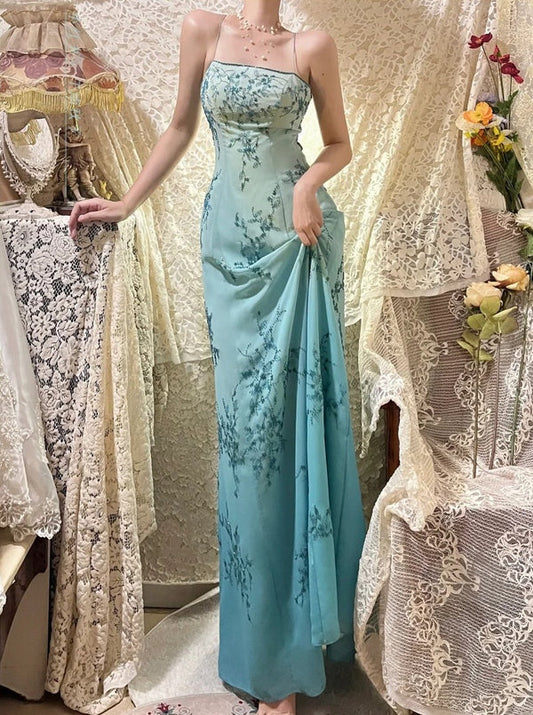 Blue exquisite beading vintage fashion floral long satin ball gown evening dress gh4434