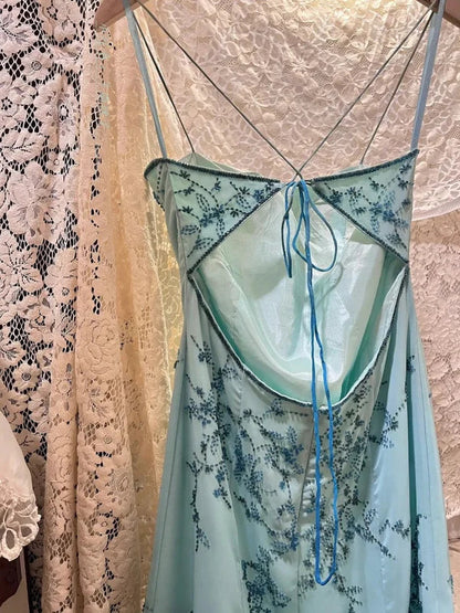 Blue exquisite beading vintage fashion floral long satin ball gown evening dress gh4434