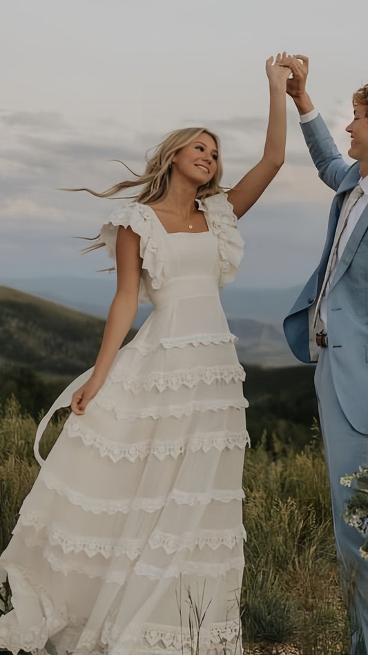 Vintage Lace Prom Dresses, A Line Wedding Dress, Long Square Neck Bridal Dresses