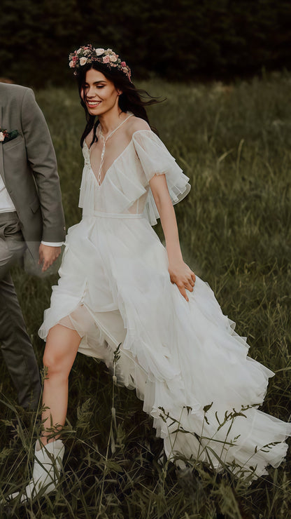 Vintage Lace Ruffle Party Dress, White Wedding Dresses With Slit