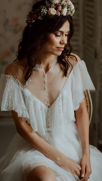 Vintage Lace Ruffle Party Dress, White Wedding Dresses With Slit