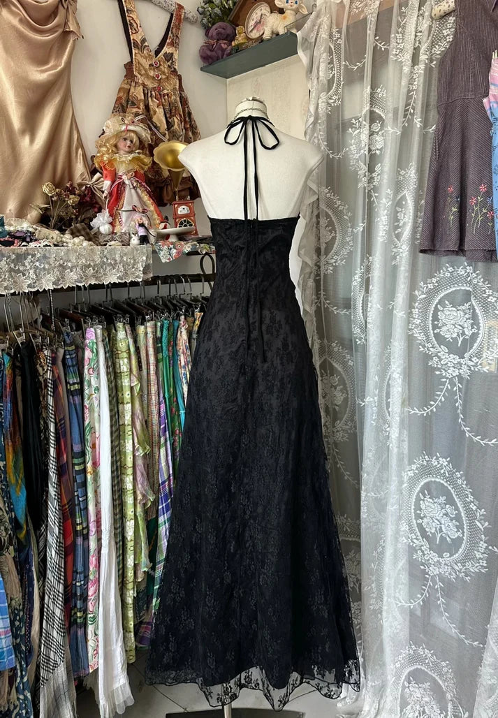 Vintage Mermaid Halter Sleeveless Long Black Lace Evening Dress Prom Dresses