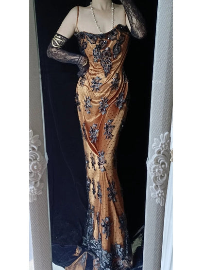 Brown Gorgeous Vintage Floral Beading Elegant Long Satin Mermaid Slim Fit Ball Gown Evening Gown Party Dress gh4712