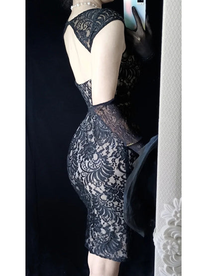 Black sexy backless floral vintage elegant short lace fairy slim homecoming dress prom dress evening dress party dress banquet dress cocktail dress gh4715