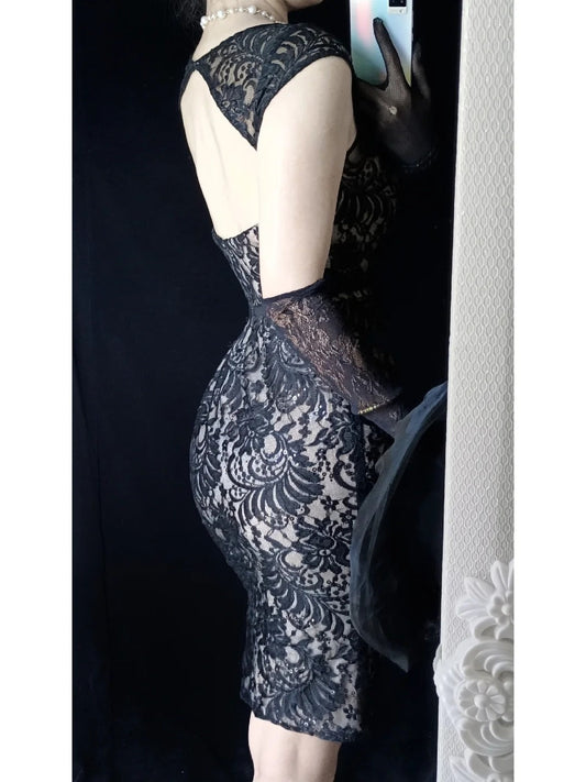 Black sexy backless floral vintage elegant short lace fairy slim homecoming dress prom dress evening dress party dress banquet dress cocktail dress gh4715