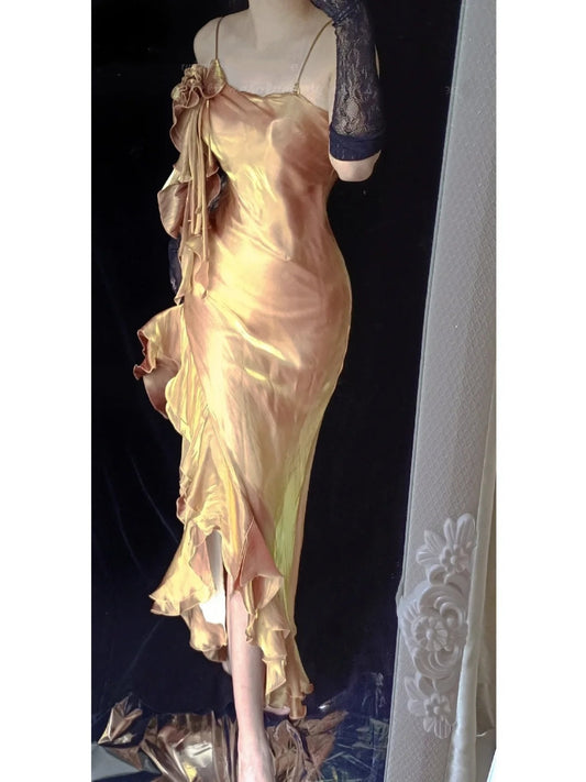 Gold Shiny Vintage Elegant Long Satin Fairy Mermaid Slim Ball Gown Evening Dress Party Dress gh4713