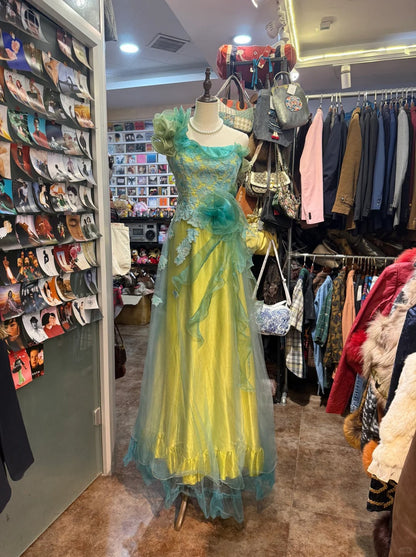 Yellow Green Fashion Gradient Retro Exquisite Floral Elegant Long Satin Tulle Ball Gown Evening Dress Party Dress gh4139