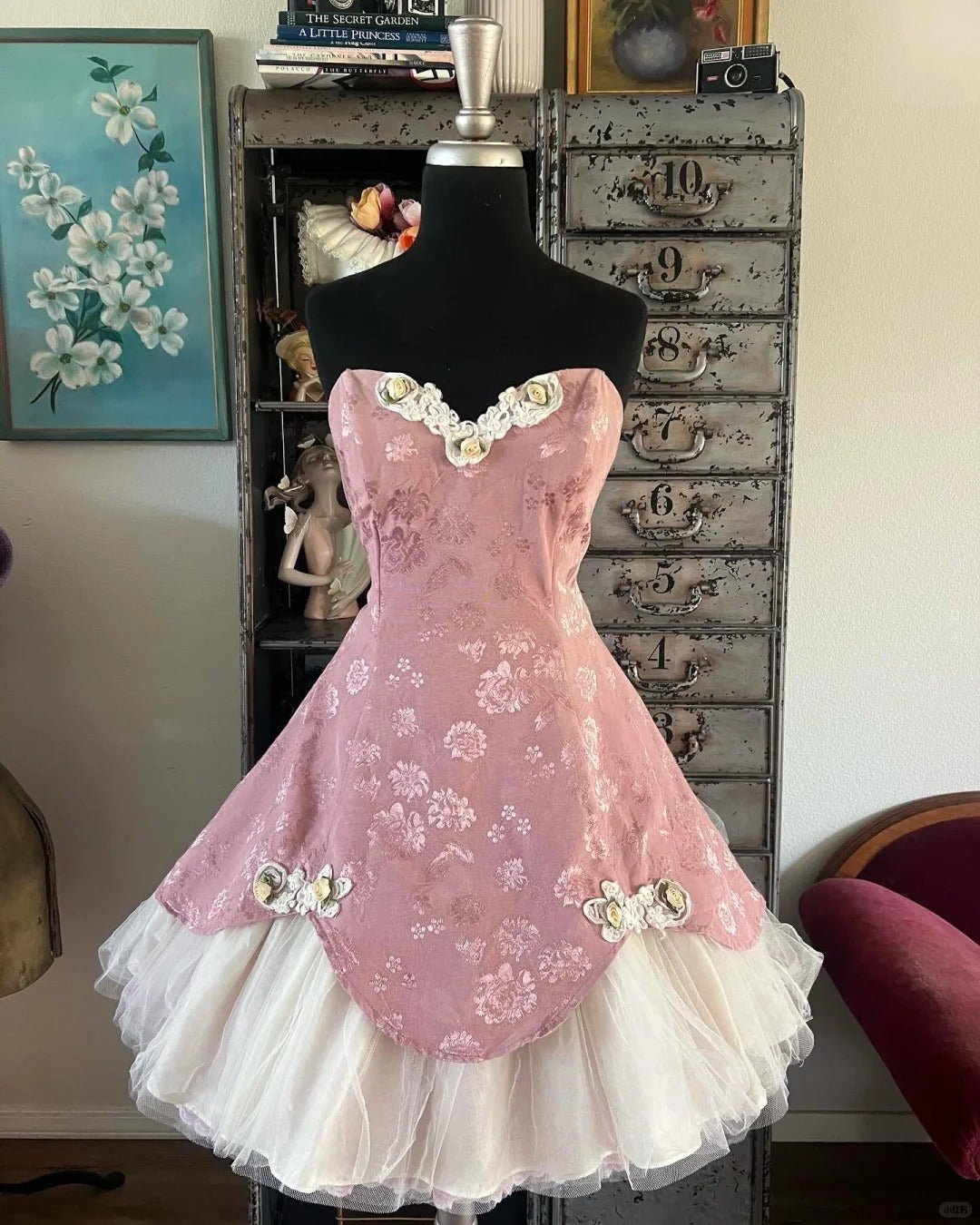 Pink New Fashion Exquisite Floral Appliqué Dark Pattern Jacquard Short Satin Tulle Homecoming Dress Birthday Party Dress Cocktail Party Dress Evening Dress Prom Dress Evening Dress gh3966
