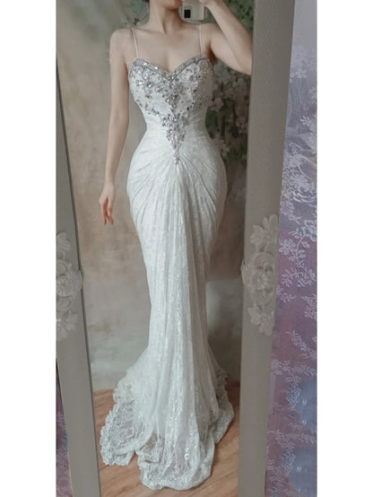 White Beaded Long Lace Tulle Mermaid Slim Ball Gown Evening Gown Party Dress gh4704