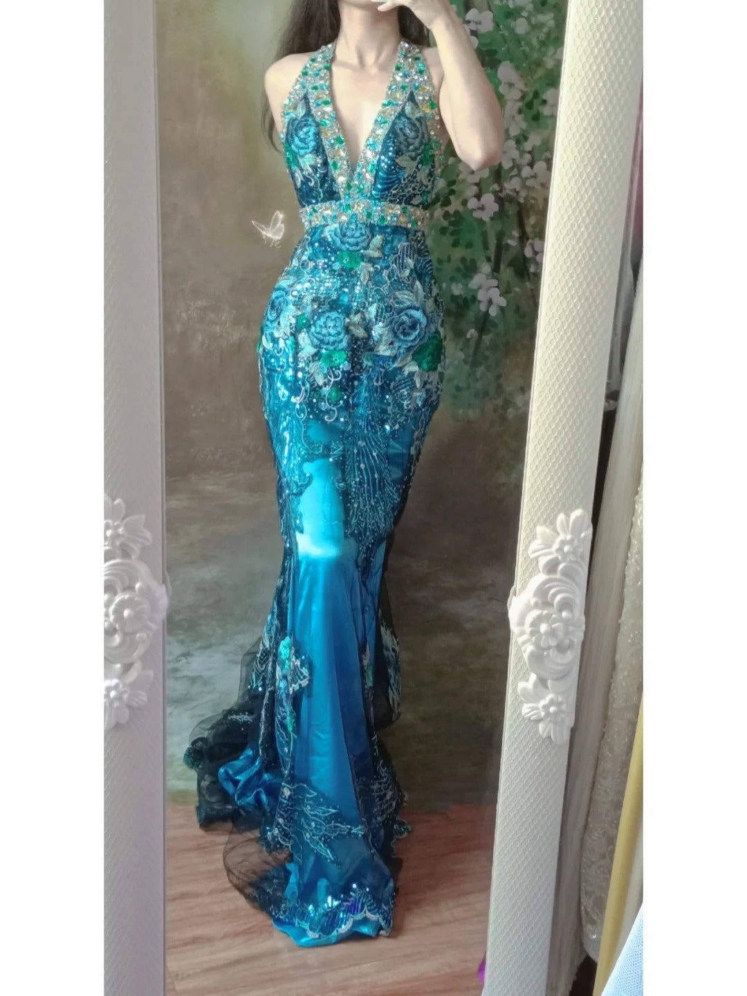 Blue gorgeous luxury beaded long tulle mermaid slim ball gown evening dress party dress gh4705