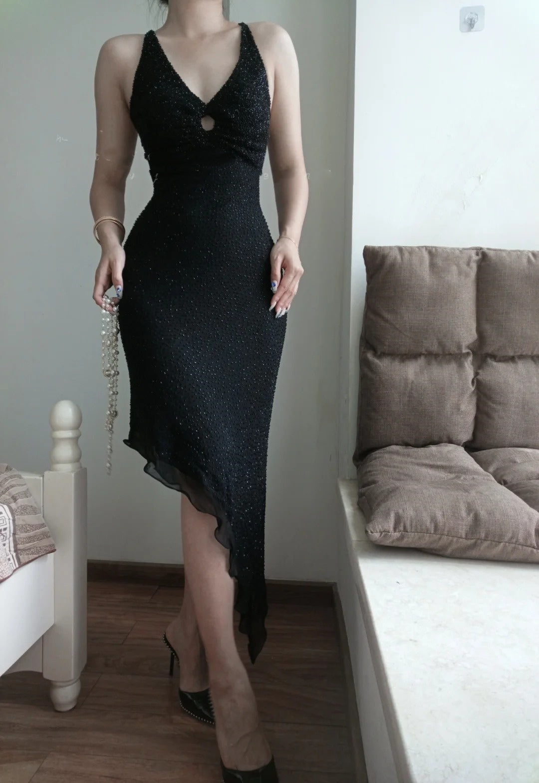 (Including scarf)Black Shiny Vintage V-Neck Short/Medium-Length Homecoming Dress Prom Dress Birthday Party Dress Banquet Dress Evening Dress gh4707