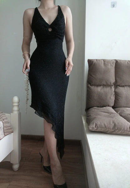 (Including scarf)Black Shiny Vintage V-Neck Short/Medium-Length Homecoming Dress Prom Dress Birthday Party Dress Banquet Dress Evening Dress gh4707