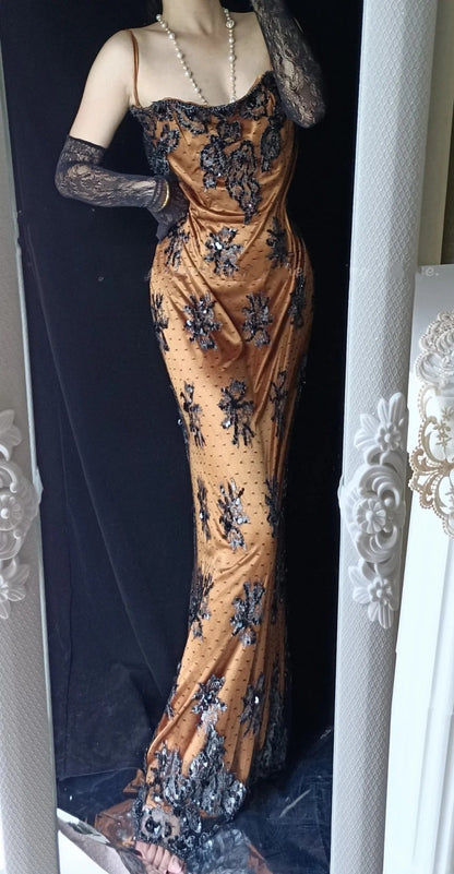Brown Gorgeous Vintage Floral Beading Elegant Long Satin Mermaid Slim Fit Ball Gown Evening Gown Party Dress gh4712
