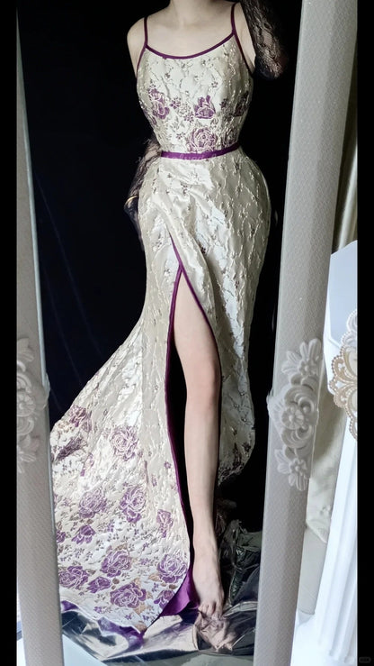 White Purple Floral Vintage Elegant Long Satin Fairy Mermaid Slim Ball Gown Evening Dress Party Dress gh4714