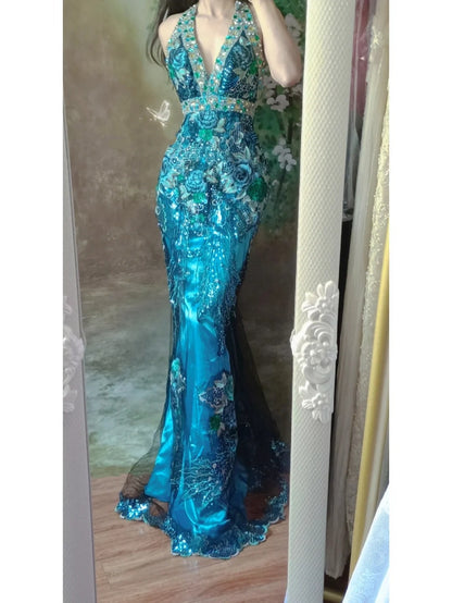 Blue gorgeous luxury beaded long tulle mermaid slim ball gown evening dress party dress gh4705