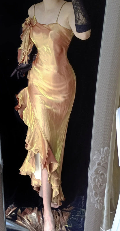 Gold Shiny Vintage Elegant Long Satin Fairy Mermaid Slim Ball Gown Evening Dress Party Dress gh4713