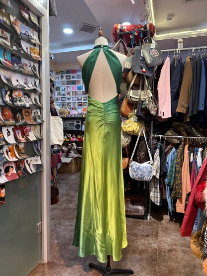 Green Fashion Gradient Retro Elegant V-neck Exquisite Rhinestone Long Satin Backless Ball Gown Evening Gown Party Dress gh4138