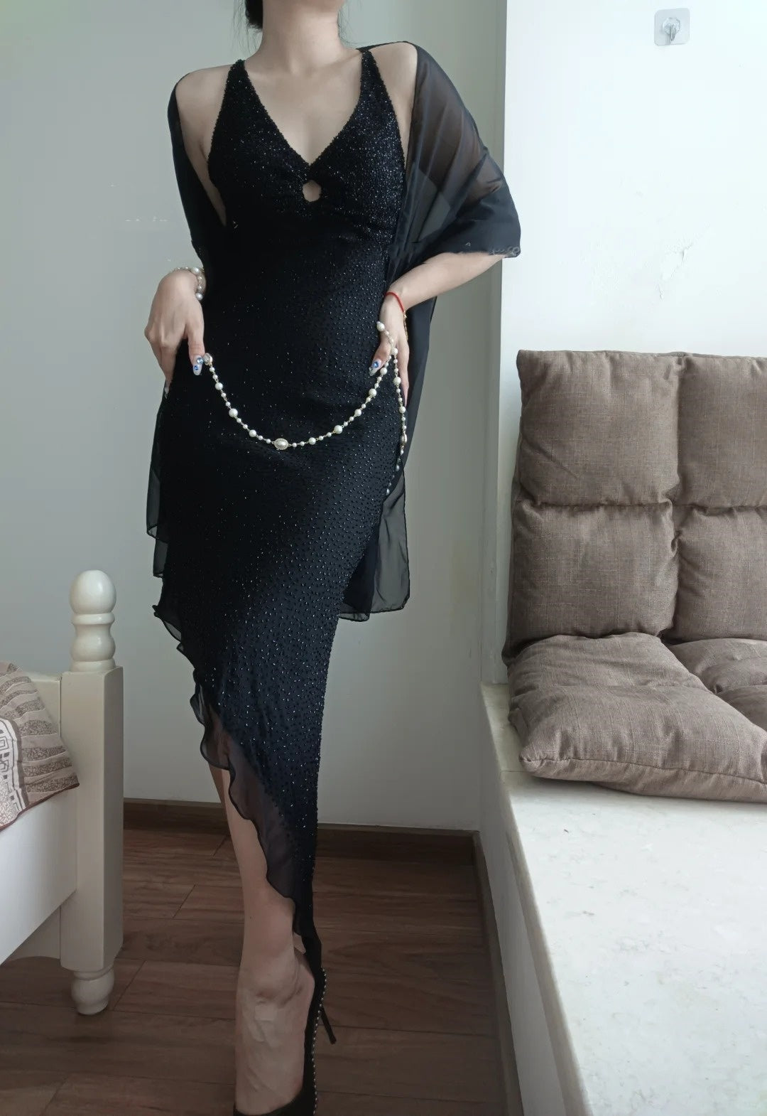 (Including scarf)Black Shiny Vintage V-Neck Short/Medium-Length Homecoming Dress Prom Dress Birthday Party Dress Banquet Dress Evening Dress gh4707