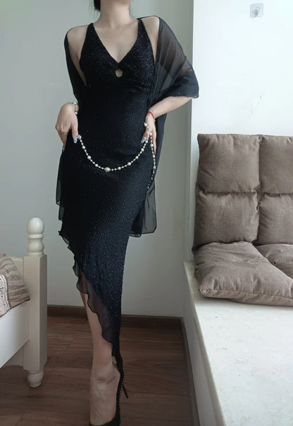 (Including scarf)Black Shiny Vintage V-Neck Short/Medium-Length Homecoming Dress Prom Dress Birthday Party Dress Banquet Dress Evening Dress gh4707