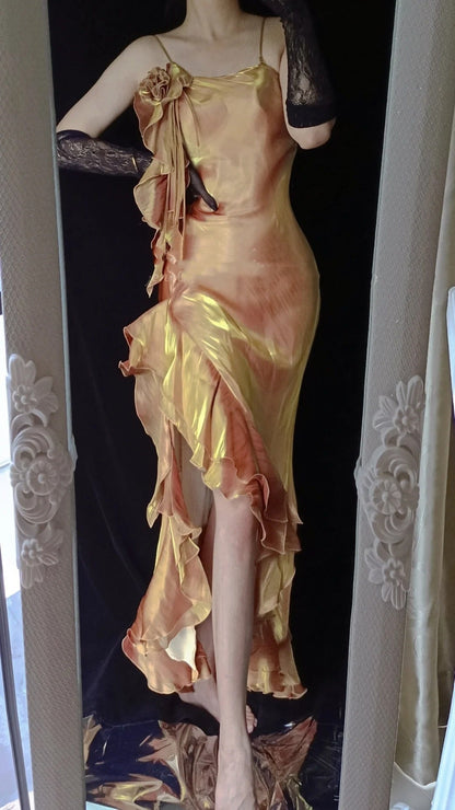 Gold Shiny Vintage Elegant Long Satin Fairy Mermaid Slim Ball Gown Evening Dress Party Dress gh4713