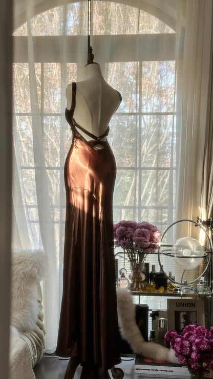 Brown Vintage Chocolate Strapless V-Neck Long Mermaid Slim Satin Ball Gown Evening Dress Birthday Party Dress Prom Dress Wedding Dress gh4097