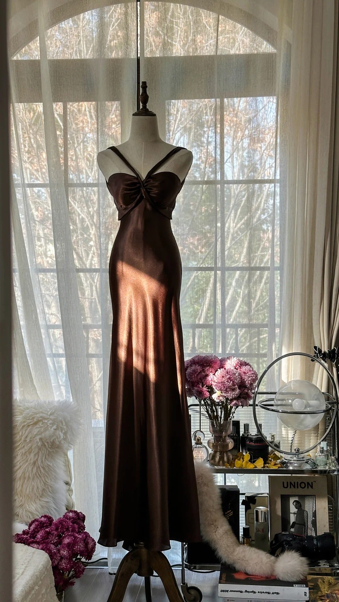 Brown Vintage Chocolate Strapless V-Neck Long Mermaid Slim Satin Ball Gown Evening Dress Birthday Party Dress Prom Dress Wedding Dress gh4097