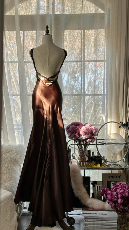 Brown Vintage Chocolate Strapless V-Neck Long Mermaid Slim Satin Ball Gown Evening Dress Birthday Party Dress Prom Dress Wedding Dress gh4097