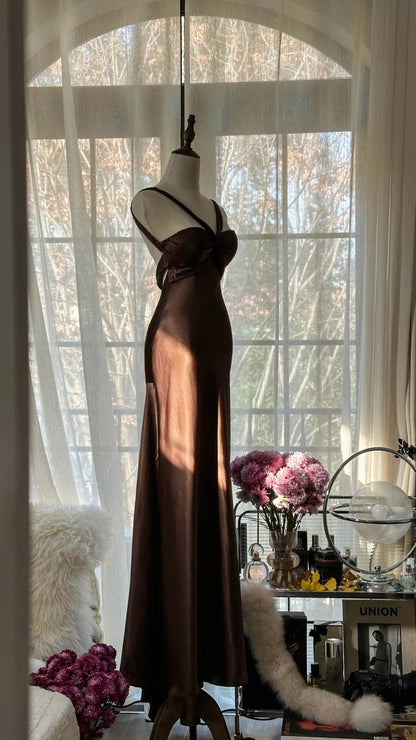 Brown Vintage Chocolate Strapless V-Neck Long Mermaid Slim Satin Ball Gown Evening Dress Birthday Party Dress Prom Dress Wedding Dress gh4097