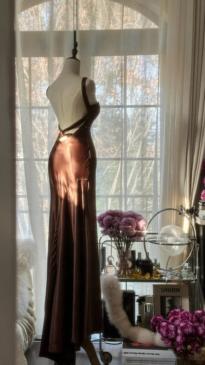 Brown Vintage Chocolate Strapless V-Neck Long Mermaid Slim Satin Ball Gown Evening Dress Birthday Party Dress Prom Dress Wedding Dress gh4097