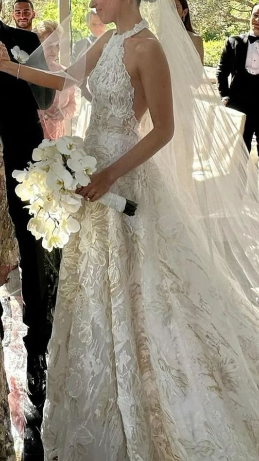 Rustic Wedding Dress Ball Gown High Neck White Lace Tulle Long Wedding Dresses Summer Brides Dress Bridal Gowns W0101