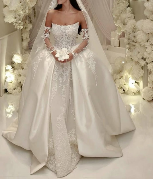 Modest Wedding Dress Ball Gown Strapless White Satin Long Wedding Dresses Brides Dress Bridal Gowns W0104