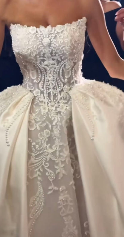 Modest Wedding Dress Ball Gown Strapless White Satin Long Wedding Dresses Brides Dress Bridal Gowns With Gloves W0105