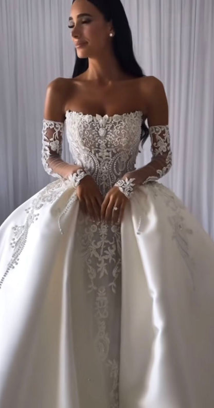 Modest Wedding Dress Ball Gown Strapless White Satin Long Wedding Dresses Brides Dress Bridal Gowns With Gloves W0105