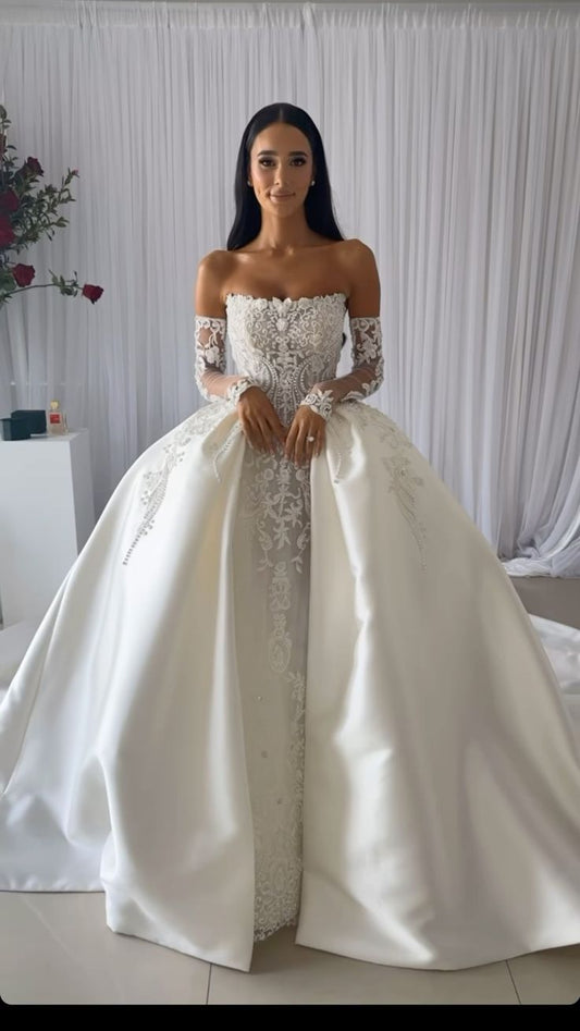 Modest Wedding Dress Ball Gown Strapless White Satin Long Wedding Dresses Brides Dress Bridal Gowns With Gloves W0105