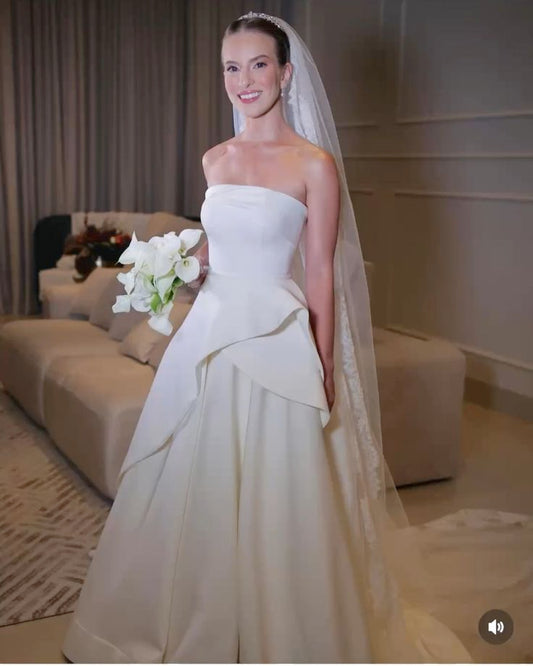 Modest Wedding Dress Ball Gown Strapless White Satin Long Wedding Dresses Brides Dress Bridal Gowns W0114