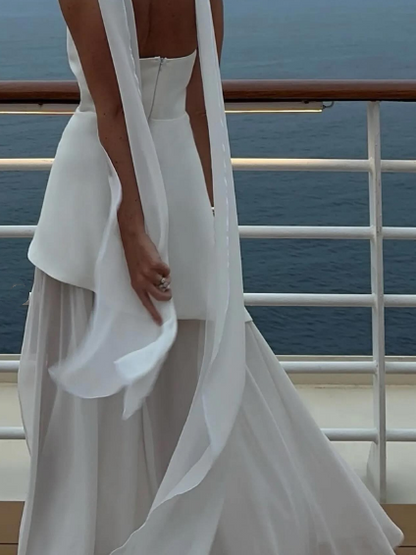 Simple Wedding Dress A line Strapless Chiffon Summer Beach White Split Wedding Dresses Bridal Gowns W0115