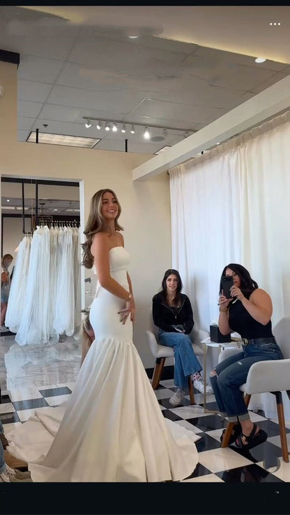 Dreamy Wedding Dress Mermaid Strapless White Satin Long Wedding Dresses Bridal Gowns W0118