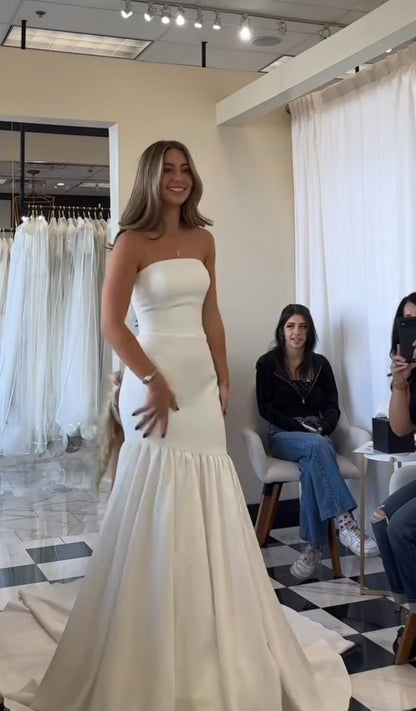 Dreamy Wedding Dress Mermaid Strapless White Satin Long Wedding Dresses Bridal Gowns W0118