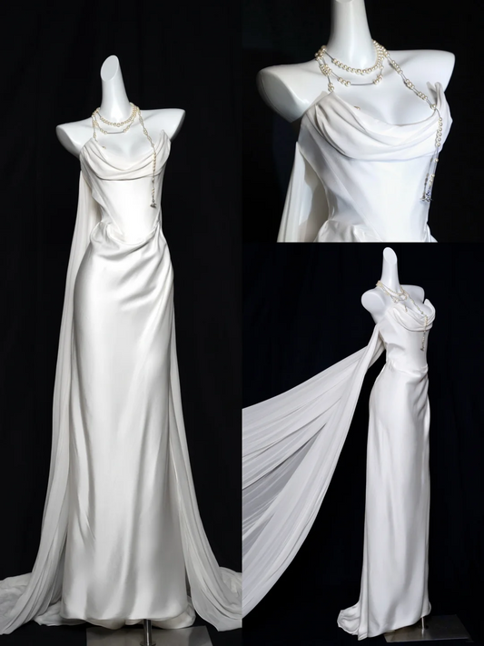 Dreamy Wedding Dress Sheath Strapless White Satin Summer Beach Long Wedding Dresses Bridal Gowns W0124